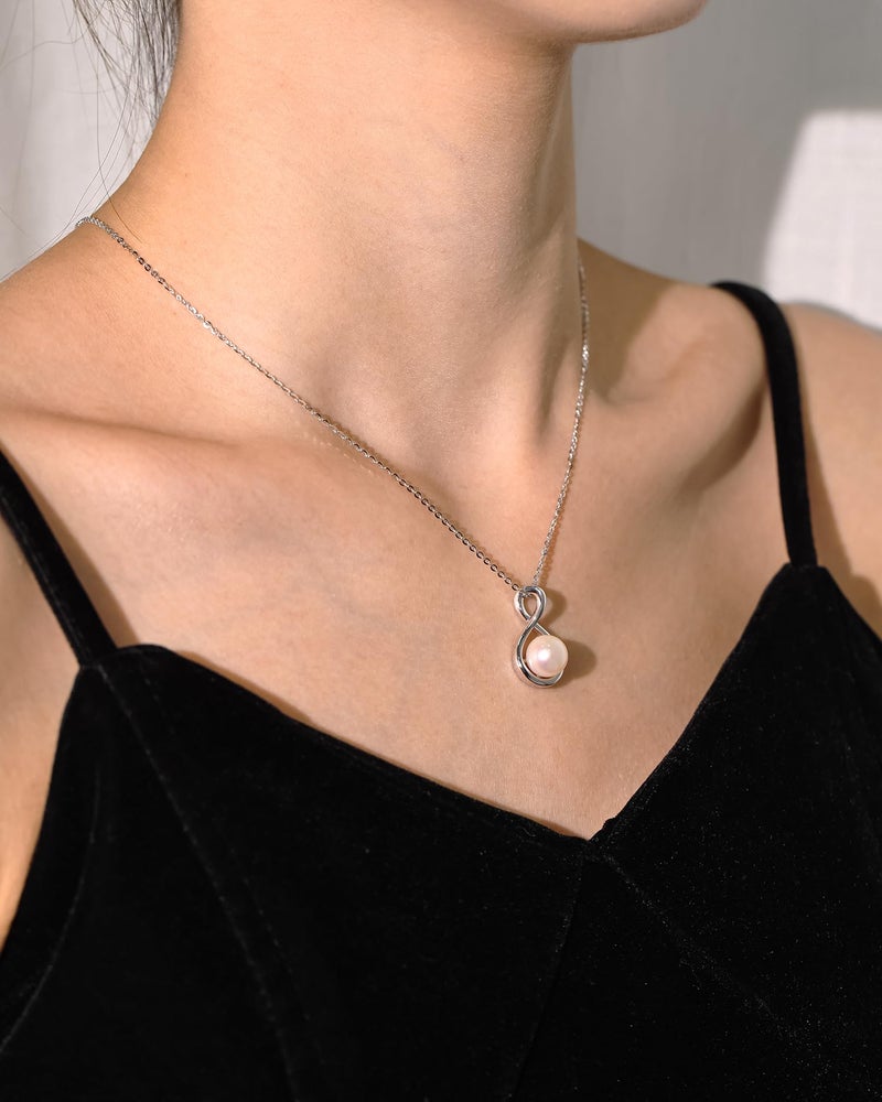 FANCIME Pearl Necklace 925 Sterling Silver Infinity Pearl Necklace with Genuine Quality 9-10mm Freshwater Cultured Pearls Fine Jewelry for Women - Image 2